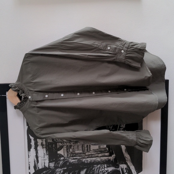 ALEX MILL Easy Ruffle Cotton Poplin Shirt, Dusty Olive, Size M, Spring - Picture 3 of 15